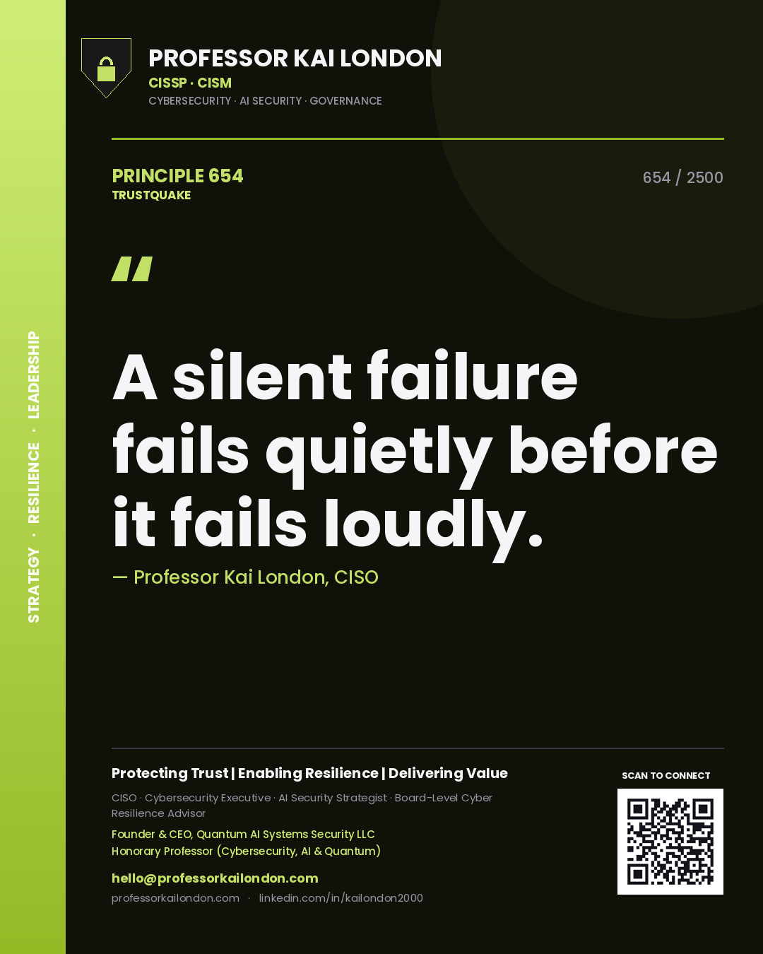 Quote card by Professor Kai London reading 'A silent failure fails quietly before it fails loudly.'. From the book Trustquake.