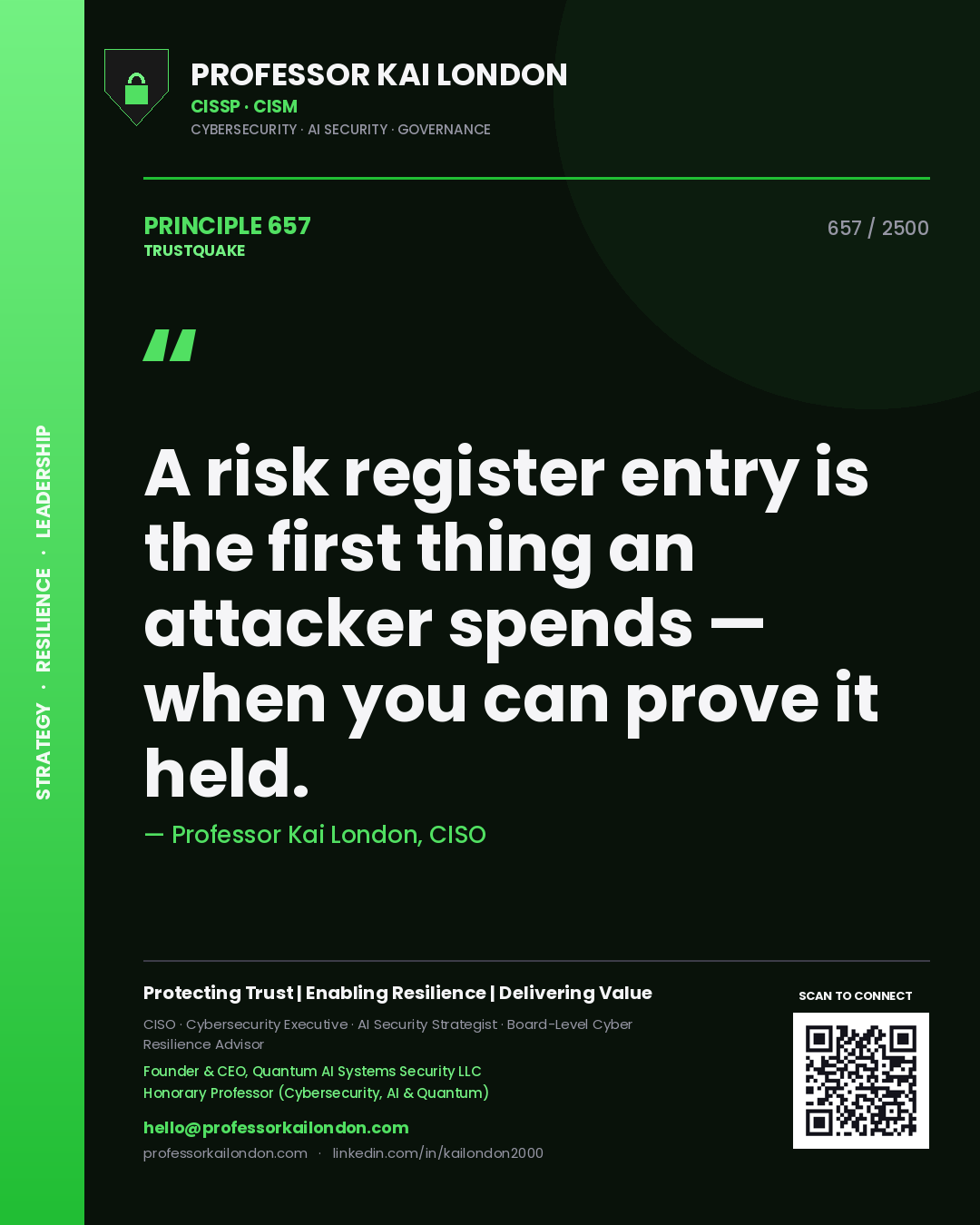 Quote card by Professor Kai London reading 'A risk register entry is the first thing an attacker spends — when you can prove it held.'. From the book Trustquake.