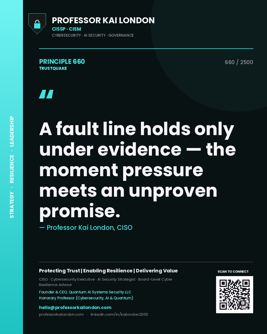 Quote card by Professor Kai London reading 'A fault line holds only under evidence — the moment pressure meets an unproven promise.'. From the book Trustquake.