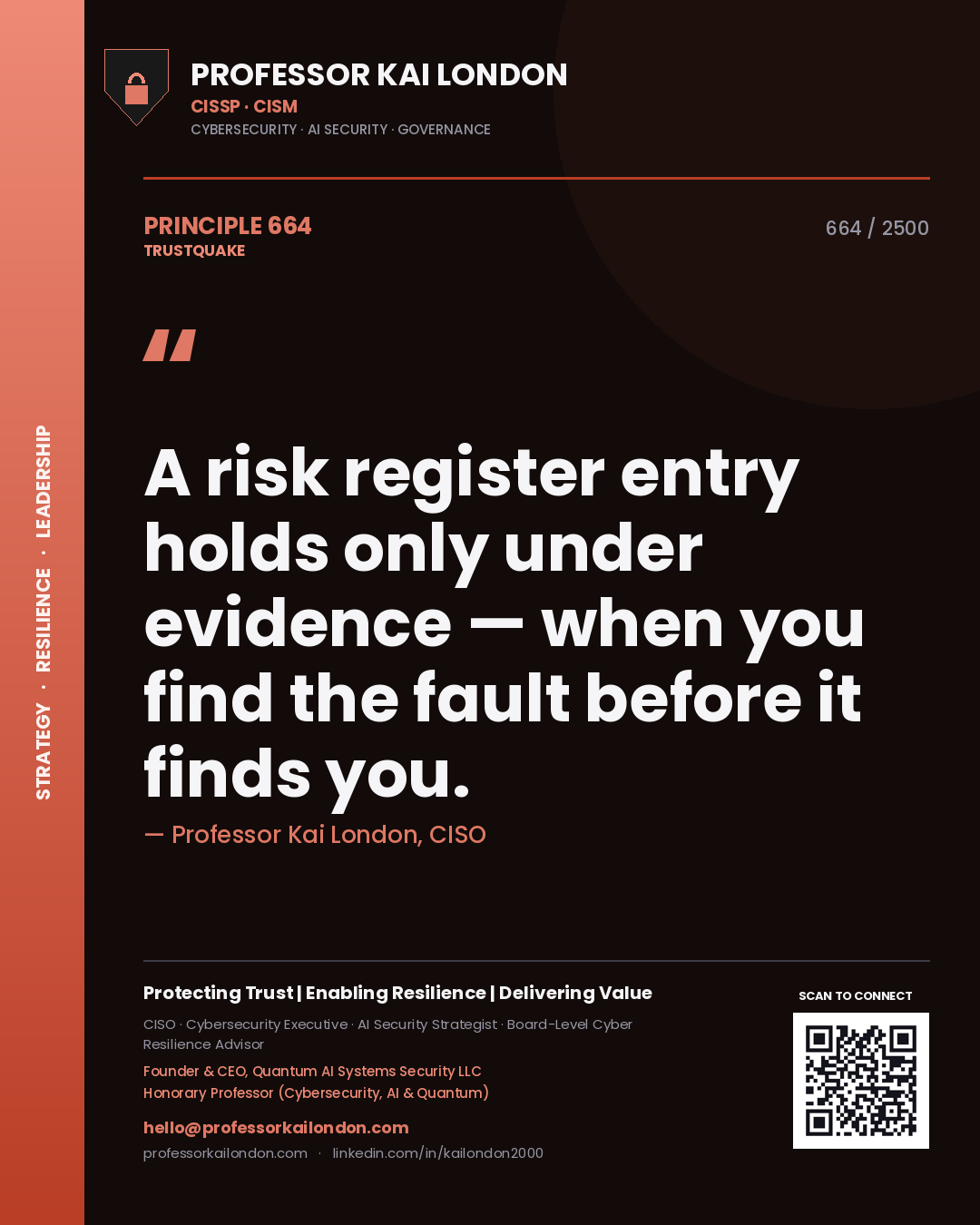 Quote card by Professor Kai London reading 'A risk register entry holds only under evidence — when you find the fault before it finds you.'. From the book Trustquake.