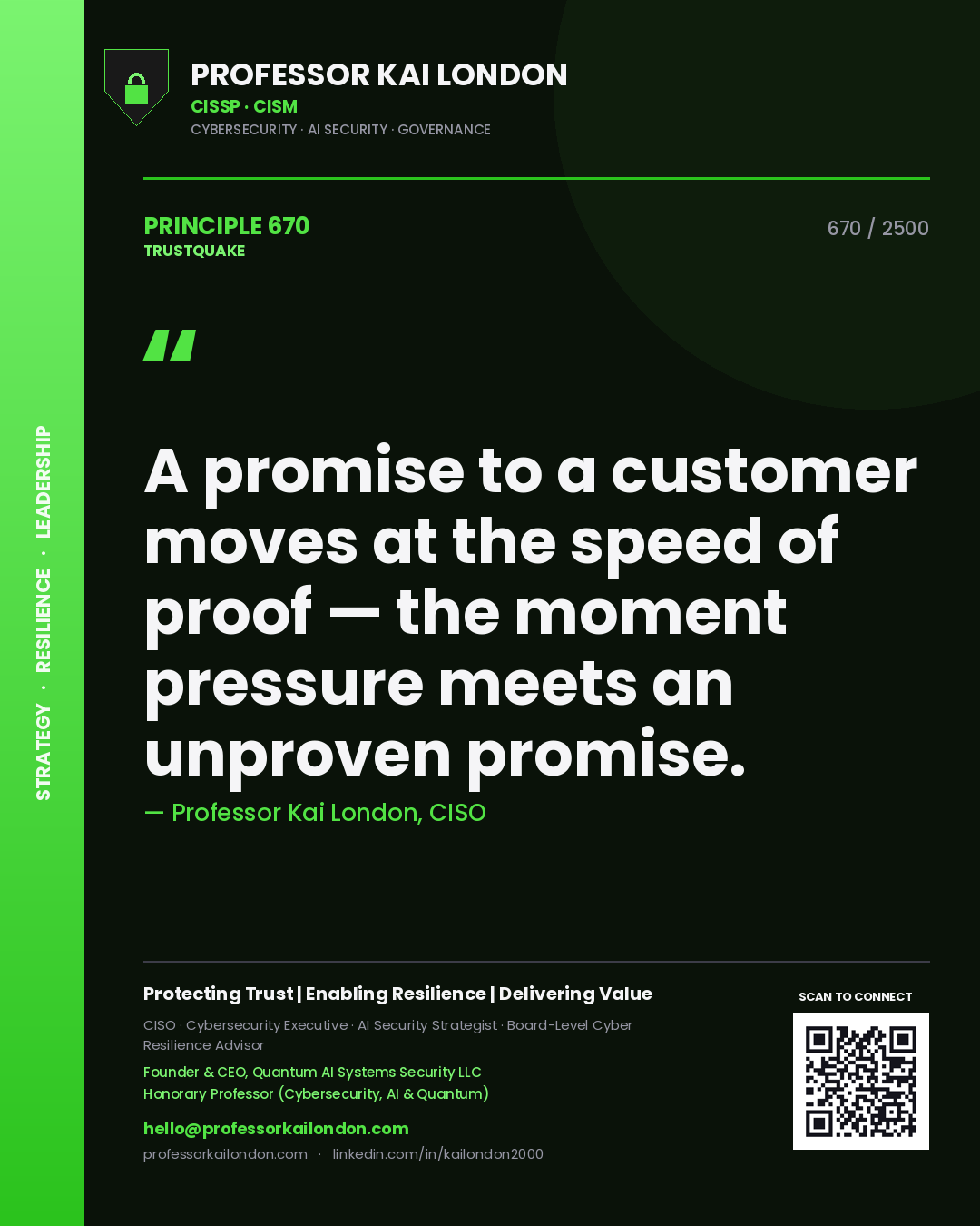 Quote card by Professor Kai London reading 'A promise to a customer moves at the speed of proof — the moment pressure meets an unproven promise.'. From the book Trustquake.