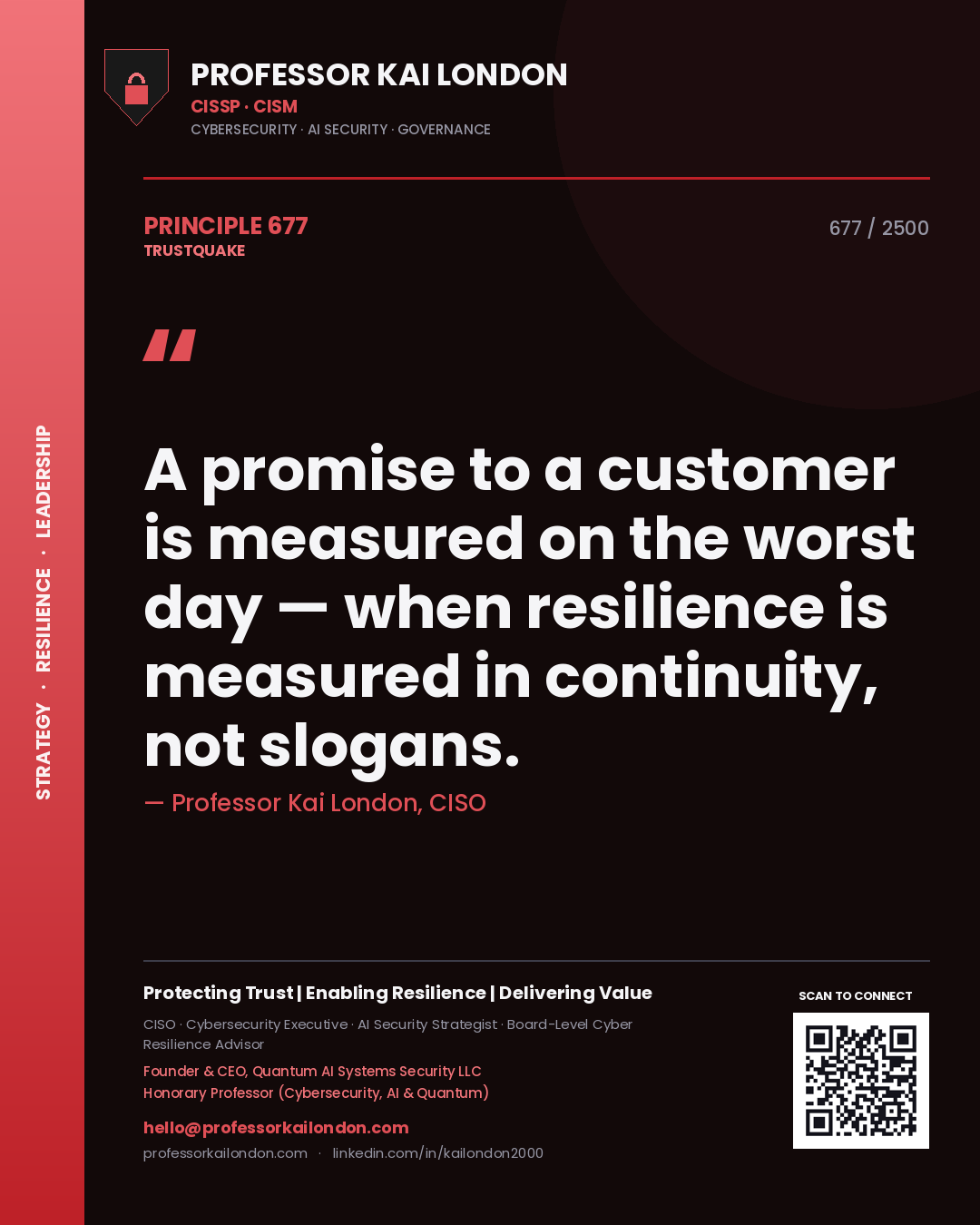 Professor Kai London principle 677: A promise to a customer is measured on the worst day — when resilience is measured in continuity, not slogans.
