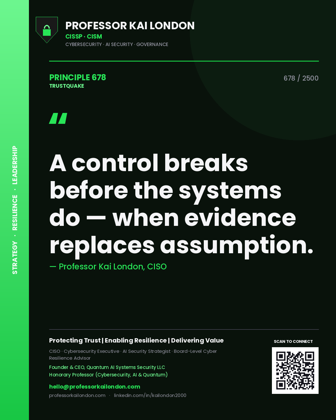 Quote card by Professor Kai London reading 'A control breaks before the systems do — when evidence replaces assumption.'. From the book Trustquake.