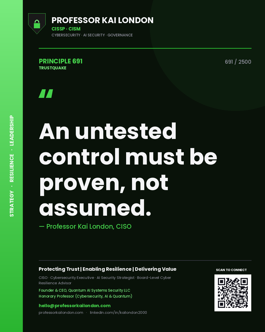 Quote card by Professor Kai London reading 'An untested control must be proven, not assumed.'. From the book Trustquake.