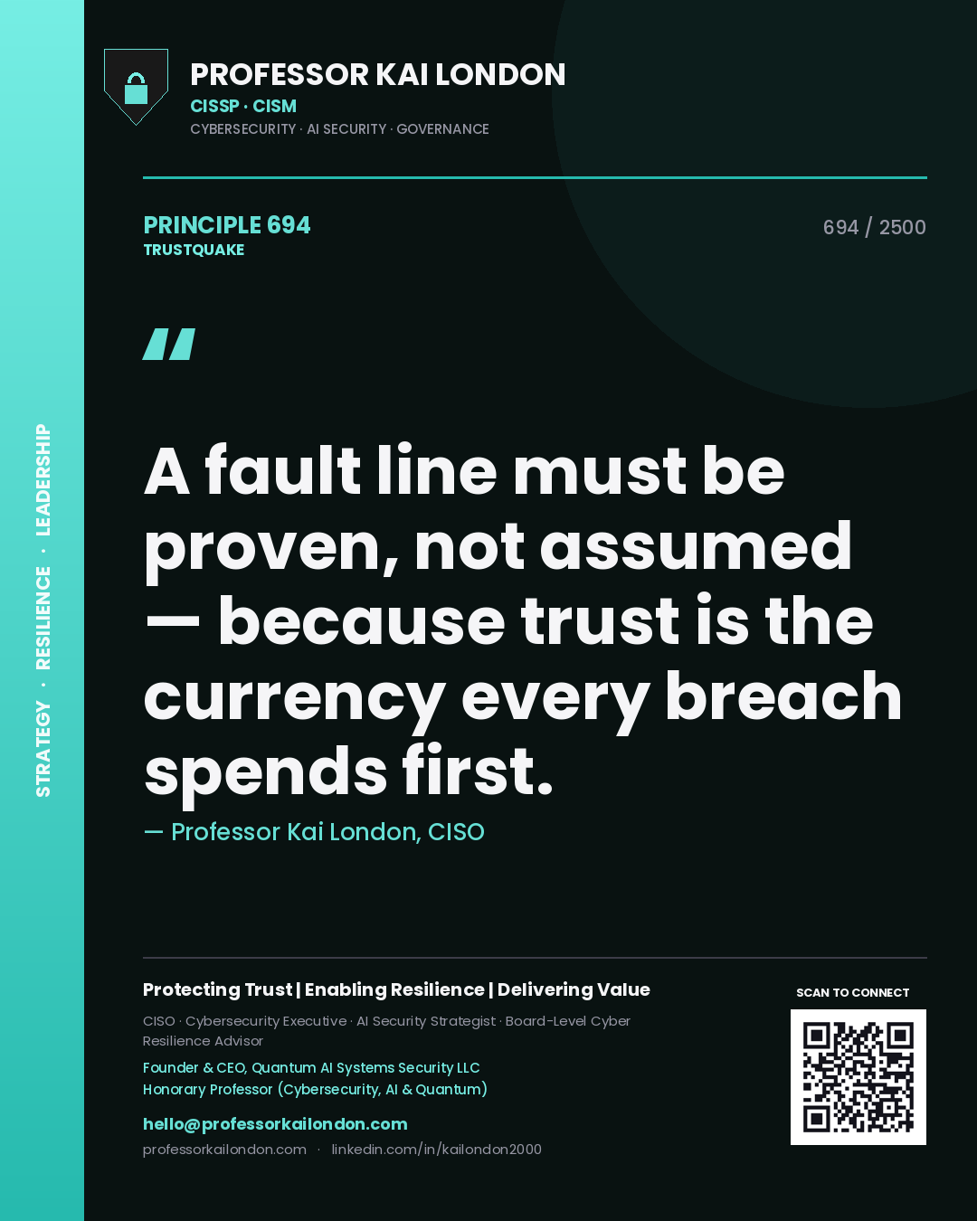 Quote card by Professor Kai London reading 'A fault line must be proven, not assumed — because trust is the currency every breach spends first.'. From the book Trustquake.