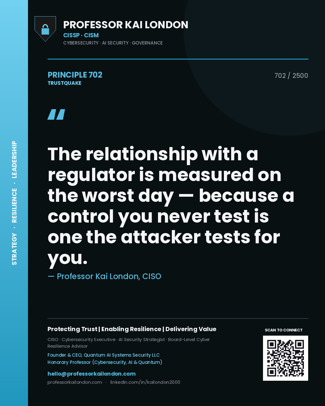 Professor Kai London principle 702: The relationship with a regulator is measured on the worst day — because a control you never test is one the attacker tests for you.