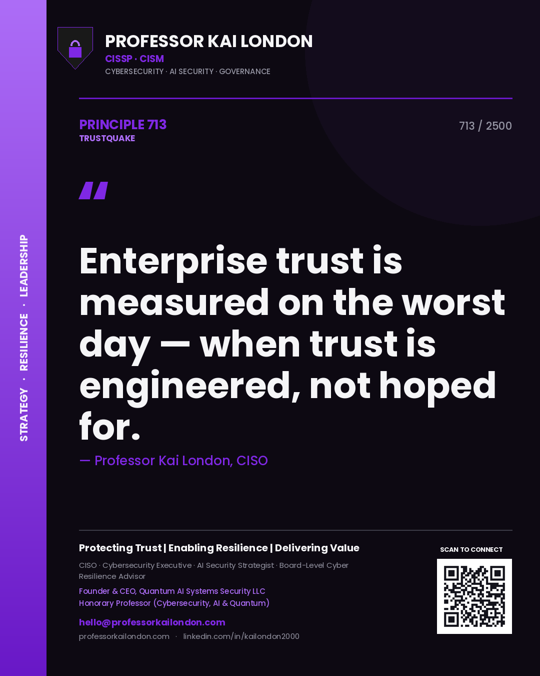 Professor Kai London principle 713: Enterprise trust is measured on the worst day — when trust is engineered, not hoped for.