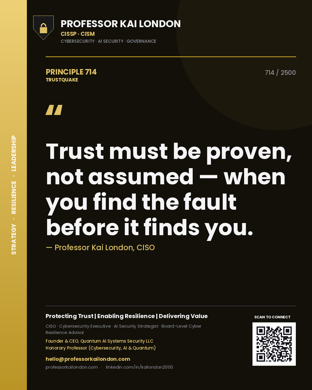 Quote card by Professor Kai London reading 'Trust must be proven, not assumed — when you find the fault before it finds you.'. From the book Trustquake.