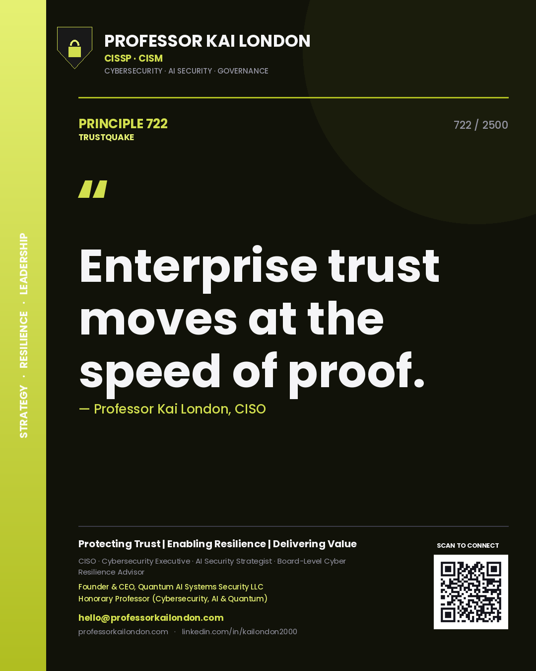 Quote card by Professor Kai London reading 'Enterprise trust moves at the speed of proof.'. From the book Trustquake.