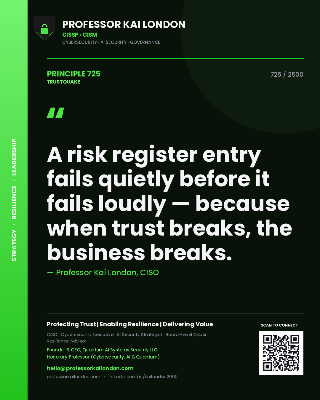 Professor Kai London principle 725: A risk register entry fails quietly before it fails loudly — because when trust breaks, the business breaks.