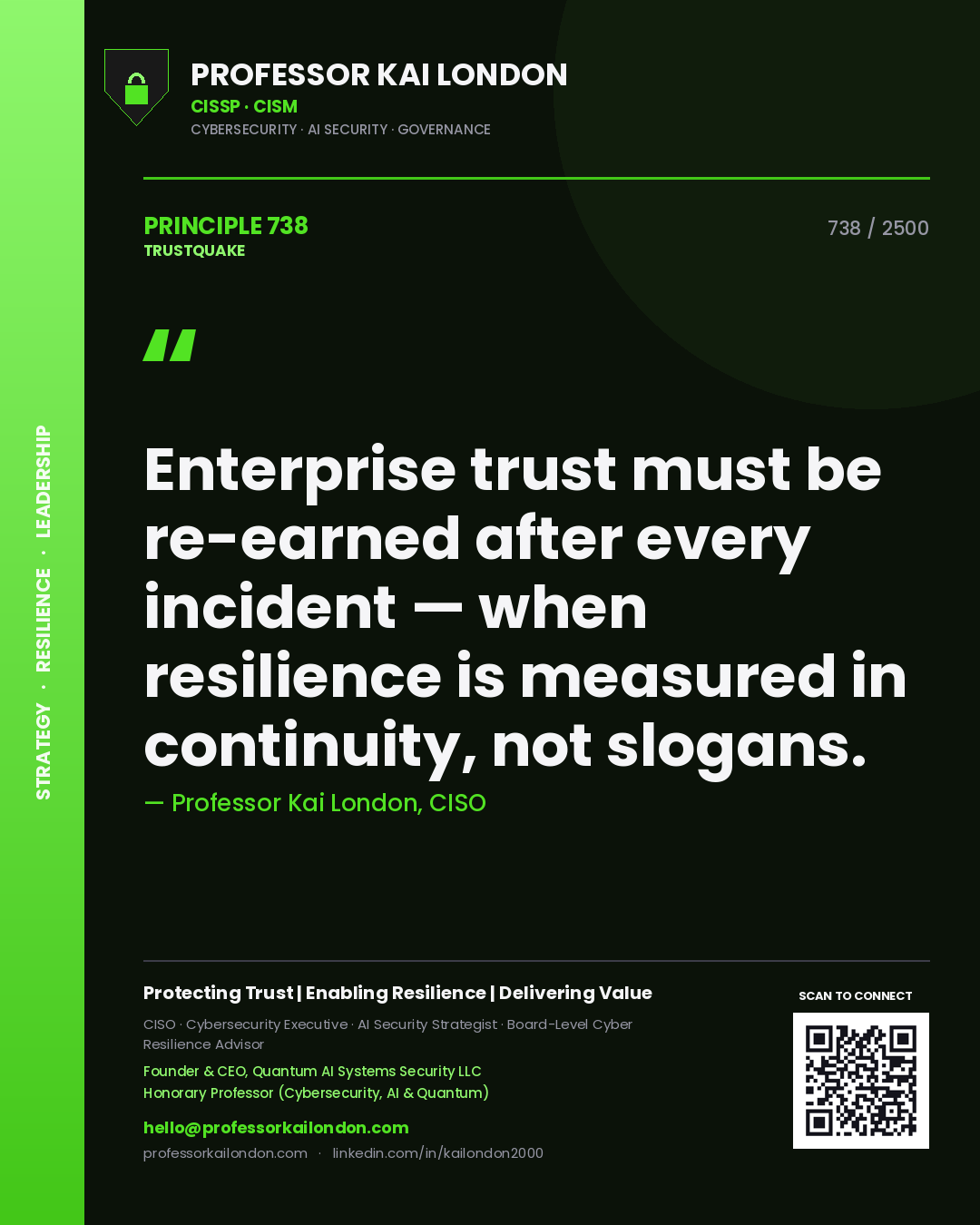 Quote card by Professor Kai London reading 'Enterprise trust must be re-earned after every incident — when resilience is measured in continuity, not slogans.'. From the book Trustquake.