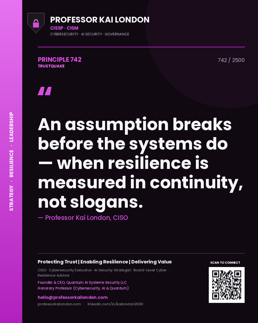 Professor Kai London principle 742: An assumption breaks before the systems do — when resilience is measured in continuity, not slogans.