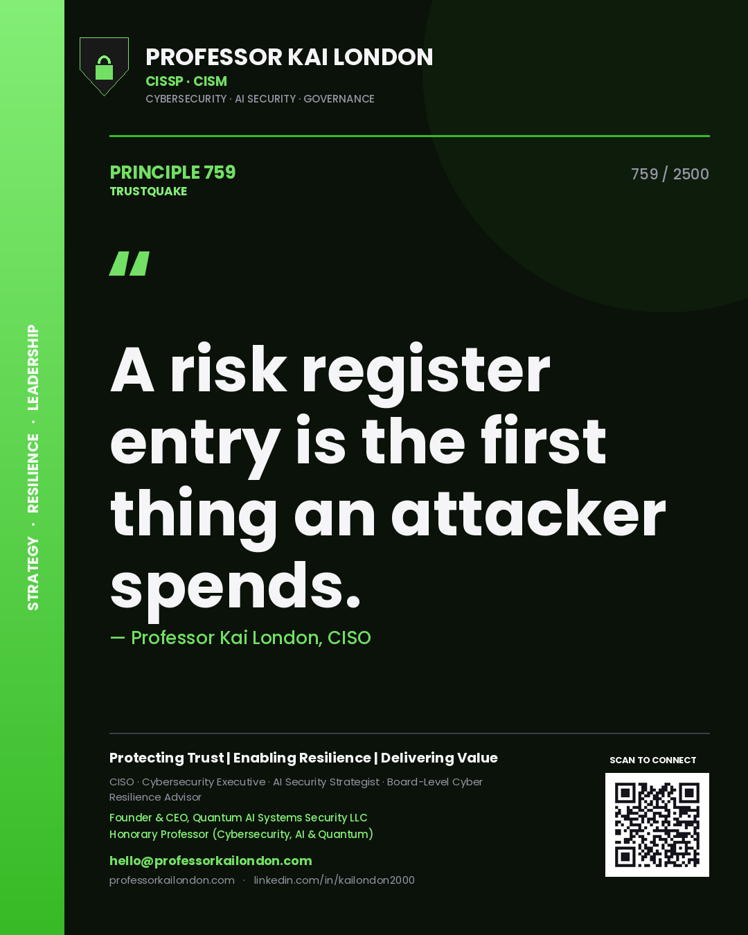 Professor Kai London principle 759: A risk register entry is the first thing an attacker spends.