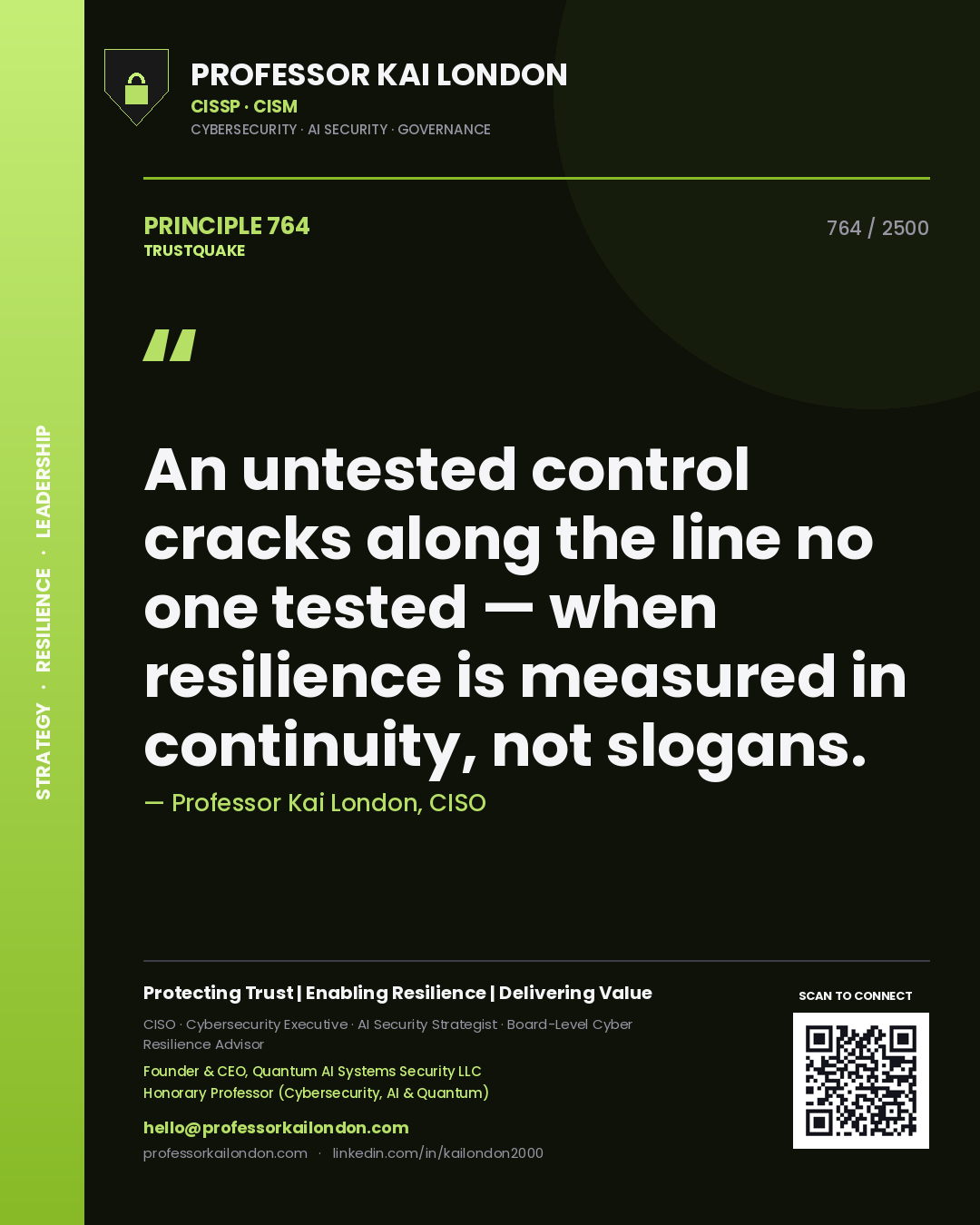 Professor Kai London principle 764: An untested control cracks along the line no one tested — when resilience is measured in continuity, not slogans.