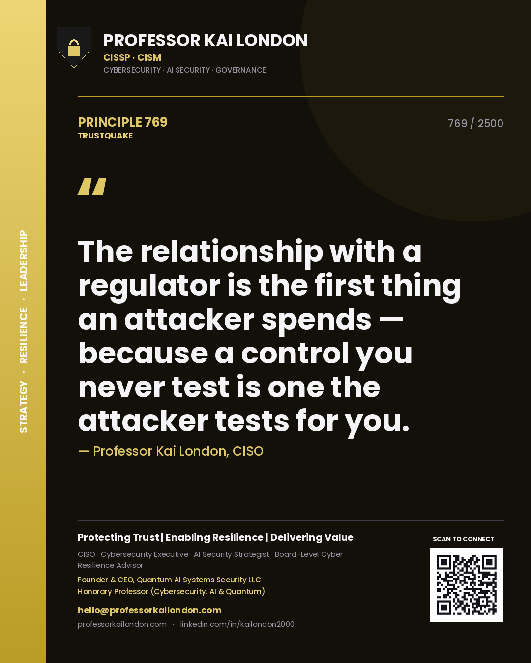 Quote card by Professor Kai London reading 'The relationship with a regulator is the first thing an attacker spends — because a control you never test is one the attacker tests for you.'. From the book Trustquake.