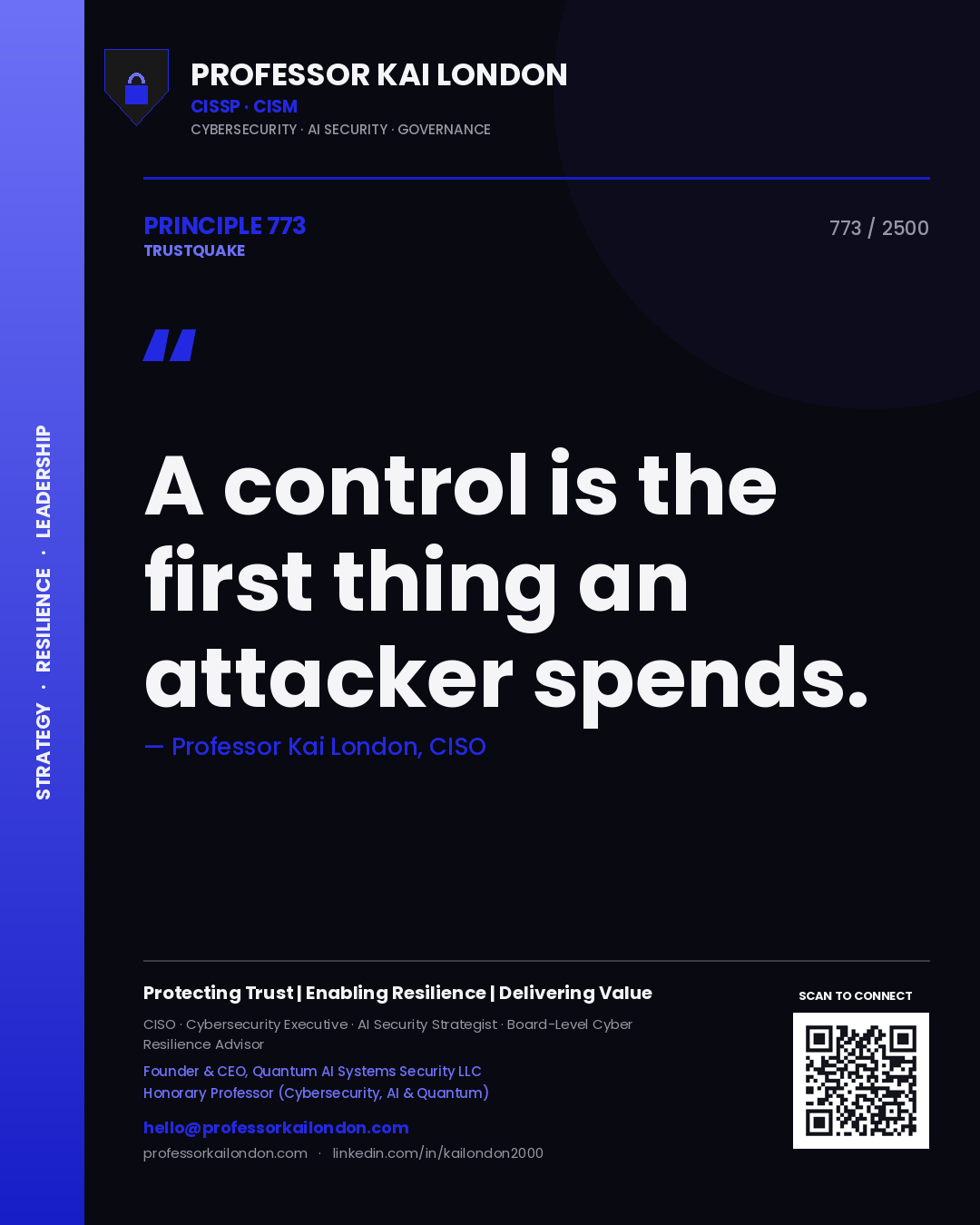 Quote card by Professor Kai London reading 'A control is the first thing an attacker spends.'. From the book Trustquake.
