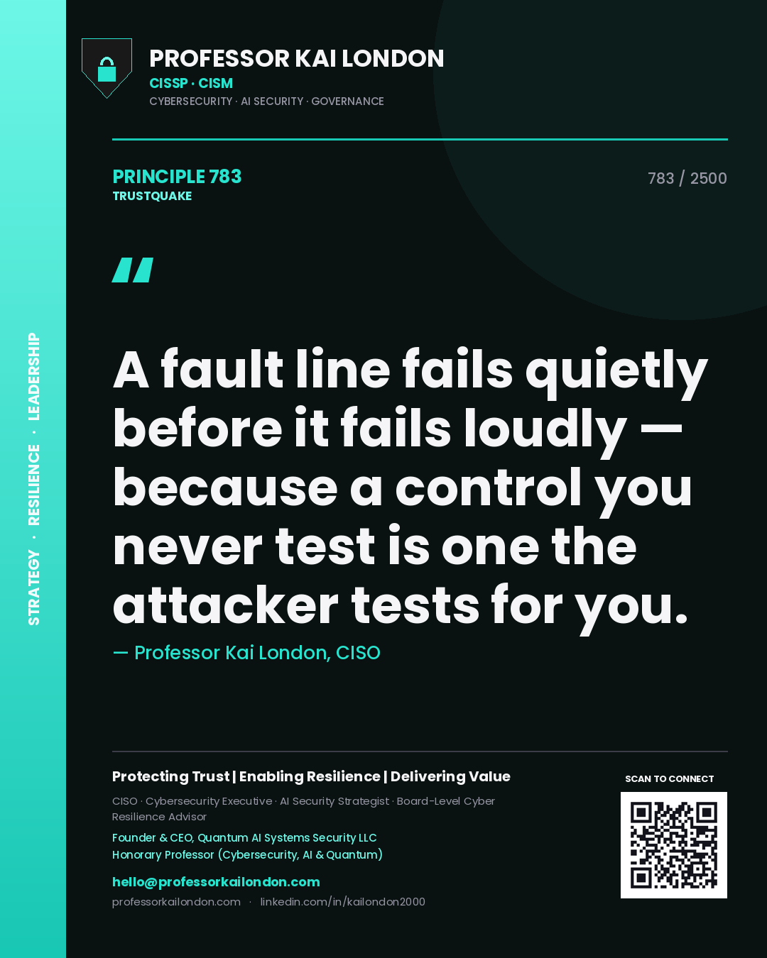 Professor Kai London principle 783: A fault line fails quietly before it fails loudly — because a control you never test is one the attacker tests for you.