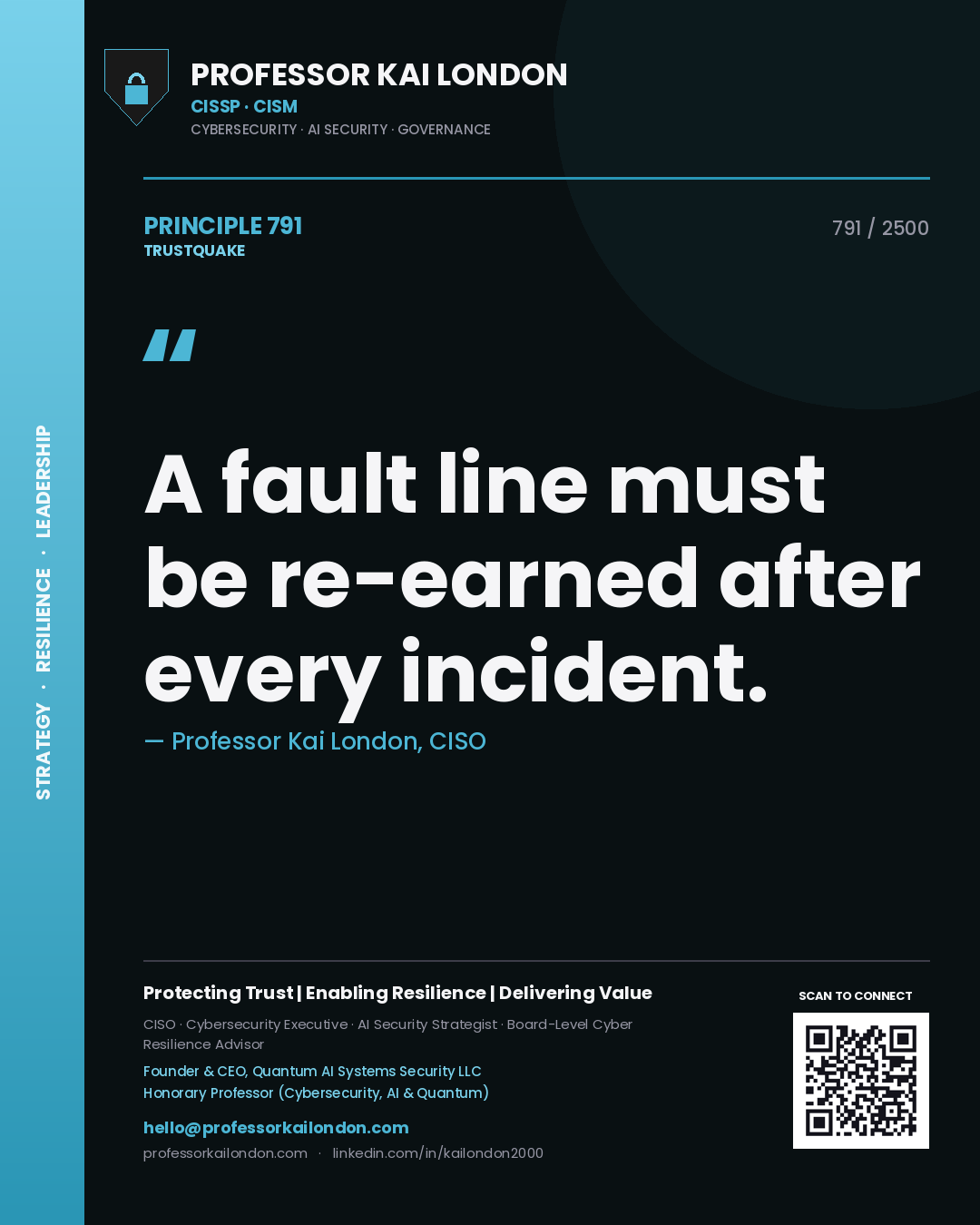 Quote card by Professor Kai London reading 'A fault line must be re-earned after every incident.'. From the book Trustquake.
