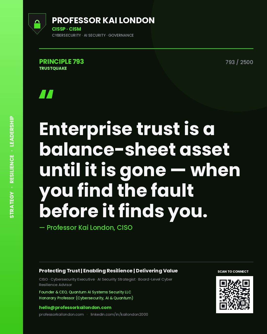 Professor Kai London principle 793: Enterprise trust is a balance-sheet asset until it is gone — when you find the fault before it finds you.