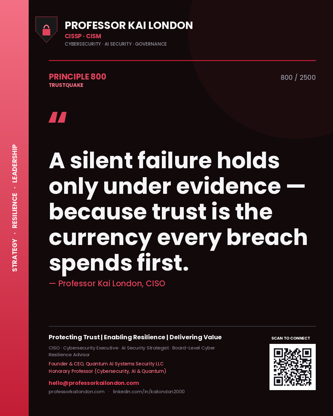 Professor Kai London principle 800: A silent failure holds only under evidence — because trust is the currency every breach spends first.