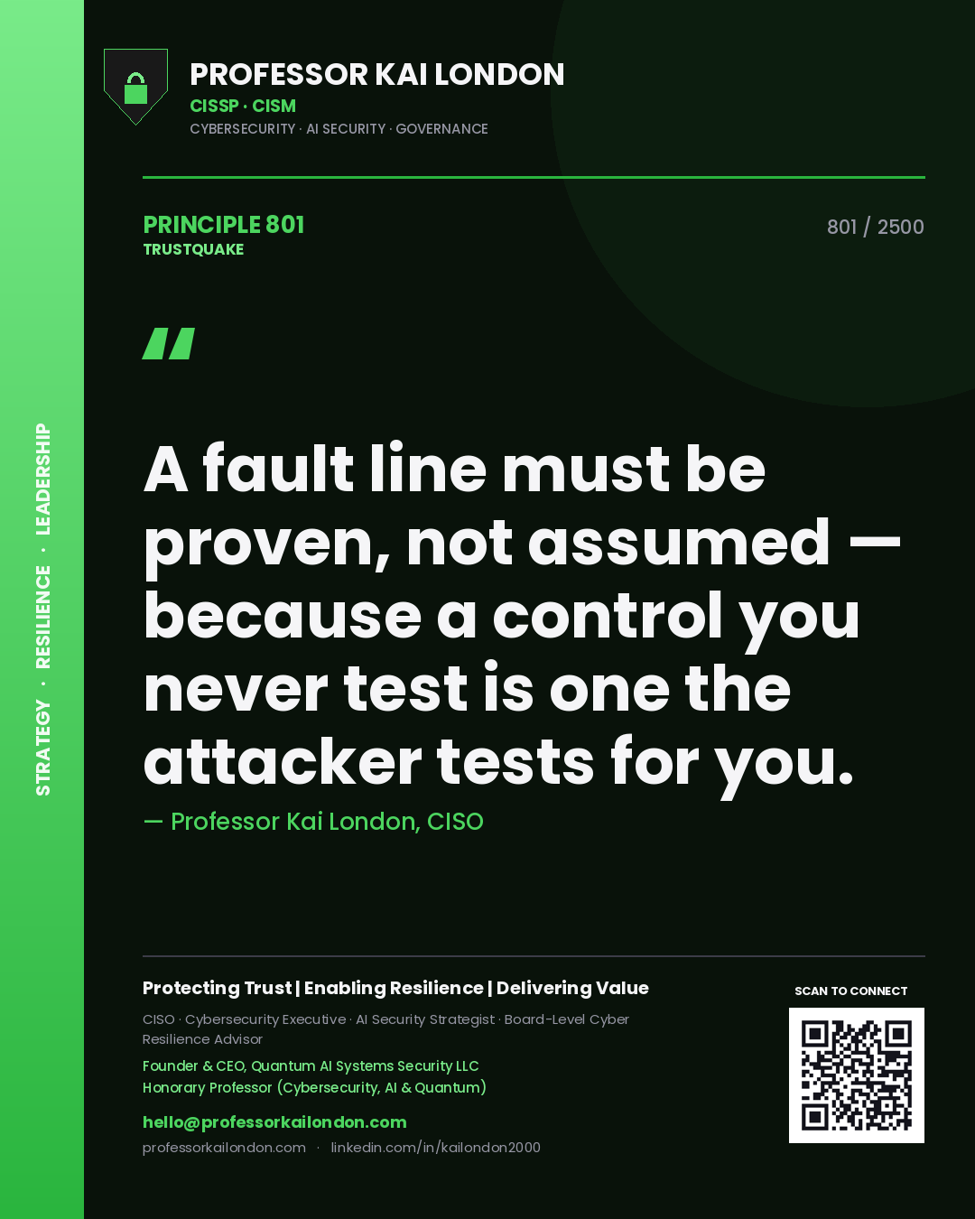 Professor Kai London principle 801: A fault line must be proven, not assumed — because a control you never test is one the attacker tests for you.