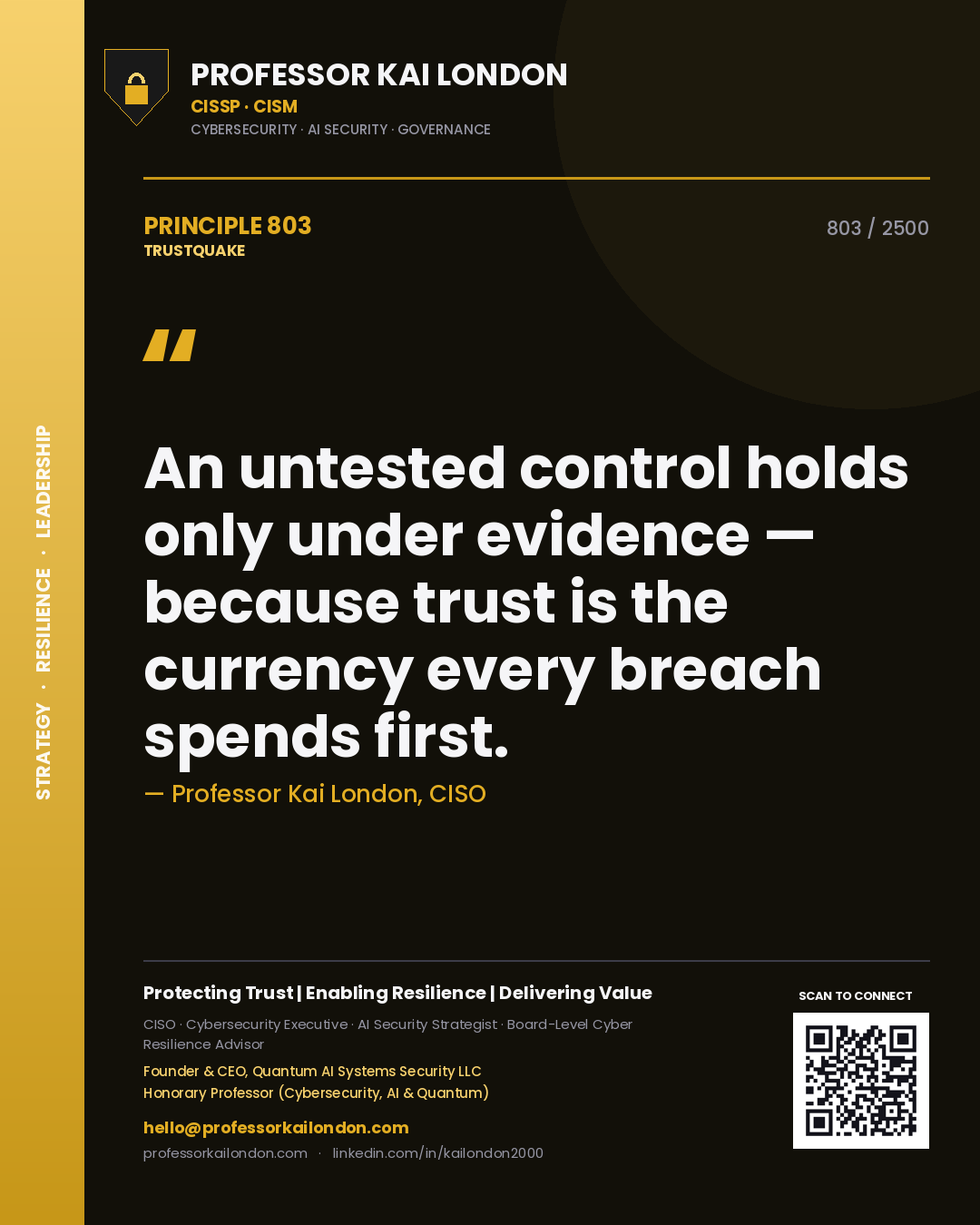 Quote card by Professor Kai London reading 'An untested control holds only under evidence — because trust is the currency every breach spends first.'. From the book Trustquake.