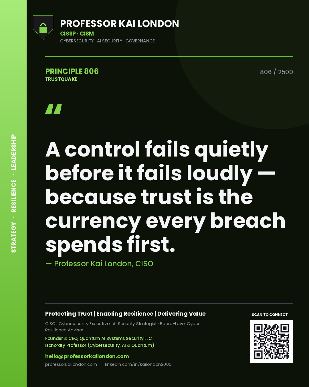 Professor Kai London principle 806: A control fails quietly before it fails loudly — because trust is the currency every breach spends first.