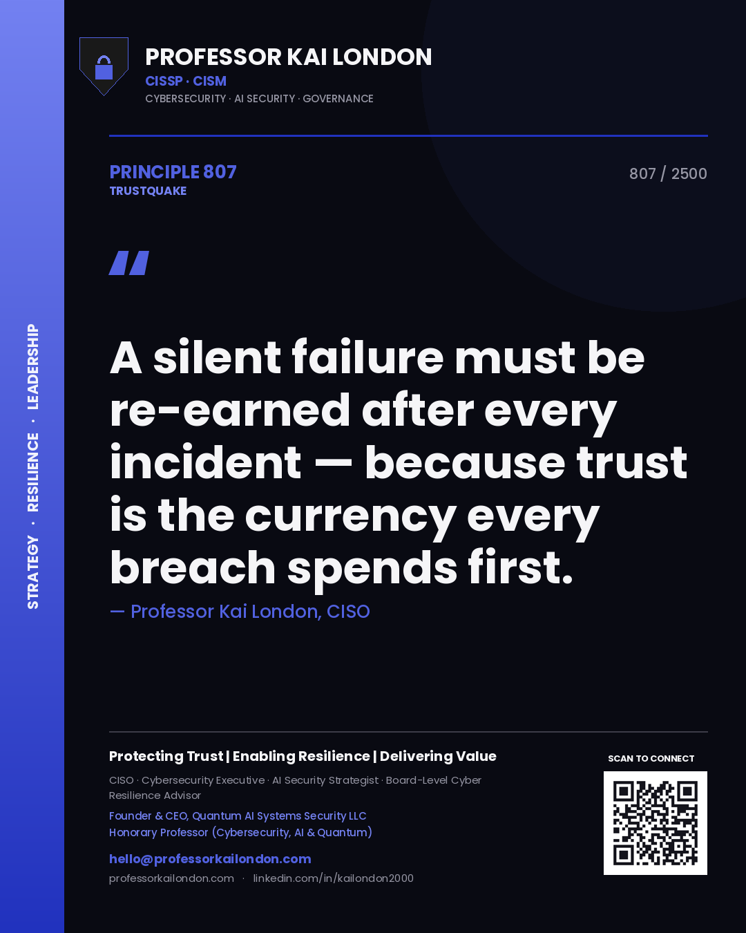 Professor Kai London principle 807: A silent failure must be re-earned after every incident — because trust is the currency every breach spends first.