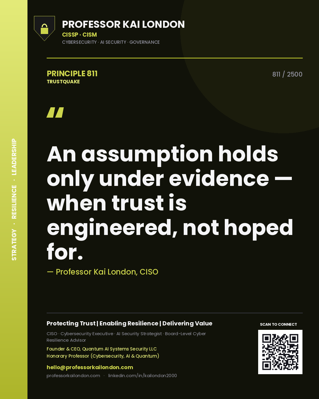 Quote card by Professor Kai London reading 'An assumption holds only under evidence — when trust is engineered, not hoped for.'. From the book Trustquake.