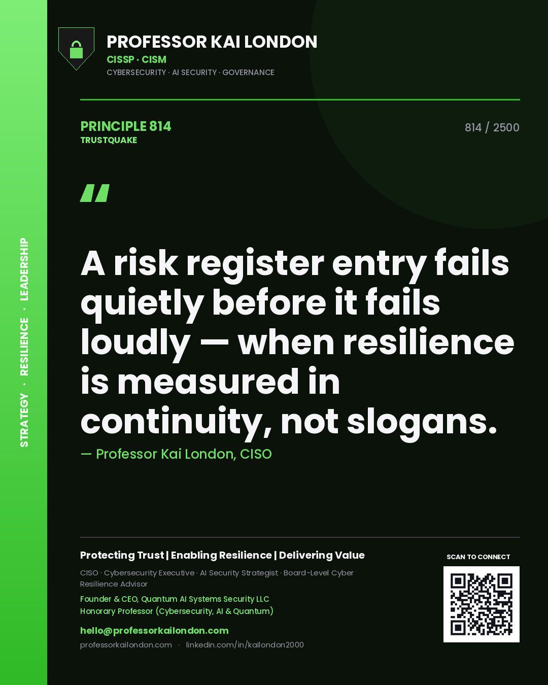 Quote card by Professor Kai London reading 'A risk register entry fails quietly before it fails loudly — when resilience is measured in continuity, not slogans.'. From the book Trustquake.