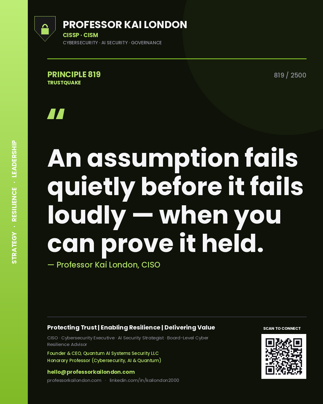 Professor Kai London principle 819: An assumption fails quietly before it fails loudly — when you can prove it held.