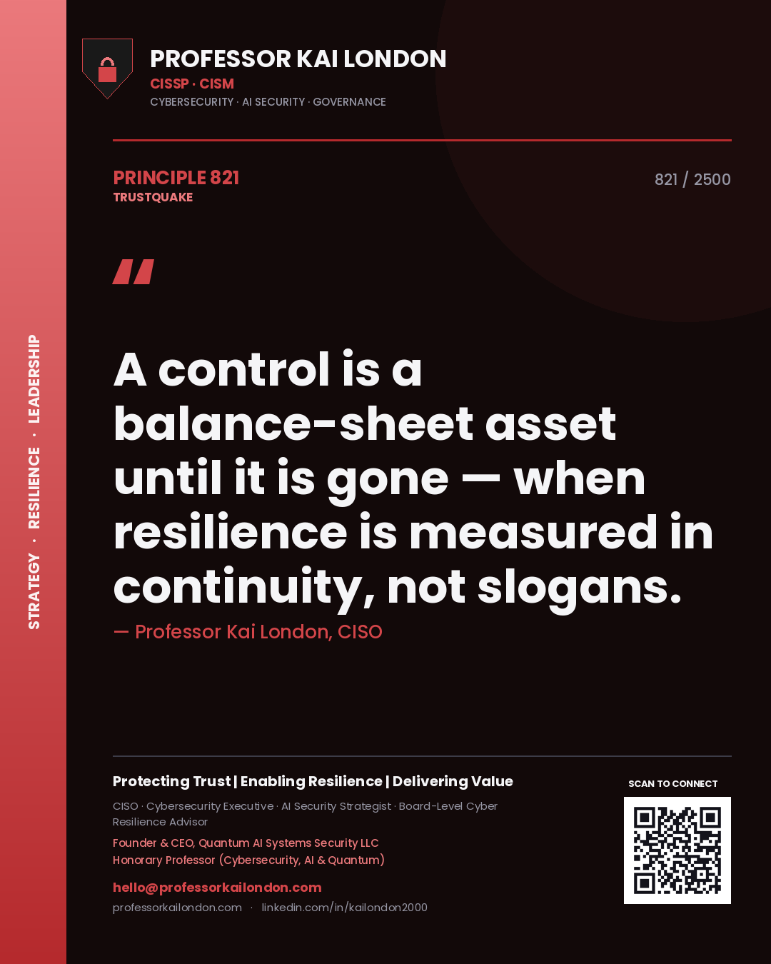 Quote card by Professor Kai London reading 'A control is a balance-sheet asset until it is gone — when resilience is measured in continuity, not slogans.'. From the book Trustquake.