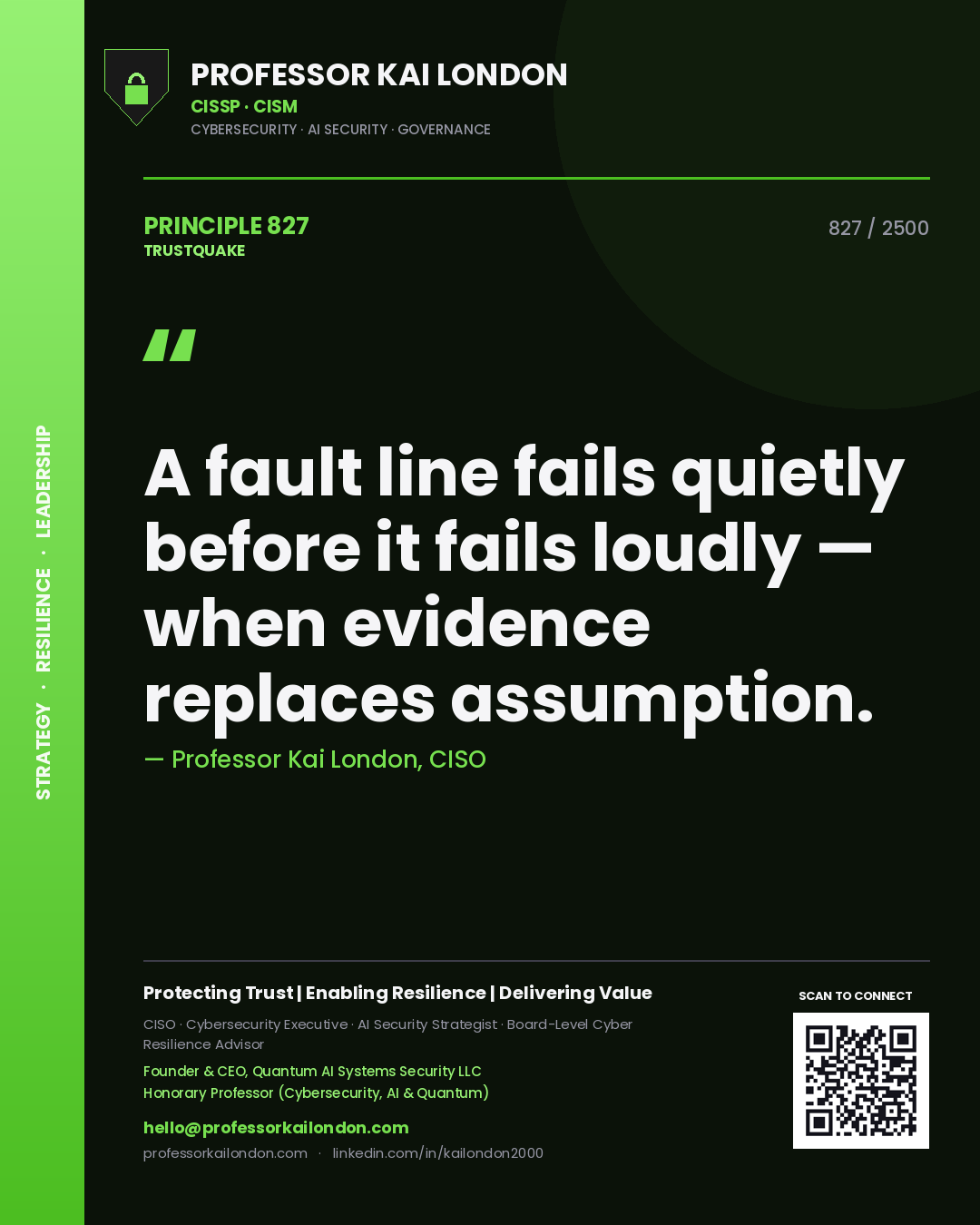Quote card by Professor Kai London reading 'A fault line fails quietly before it fails loudly — when evidence replaces assumption.'. From the book Trustquake.