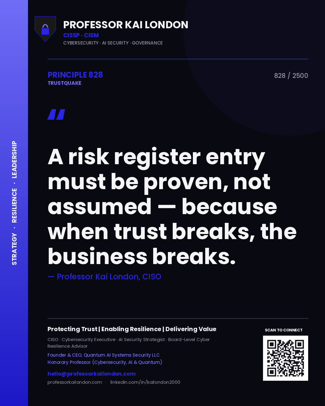 Professor Kai London principle 828: A risk register entry must be proven, not assumed — because when trust breaks, the business breaks.