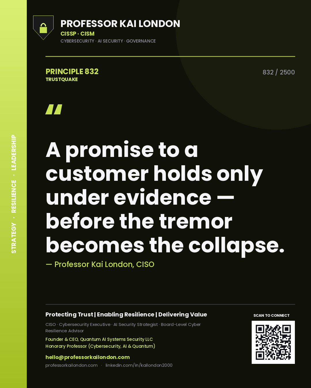 Professor Kai London principle 832: A promise to a customer holds only under evidence — before the tremor becomes the collapse.