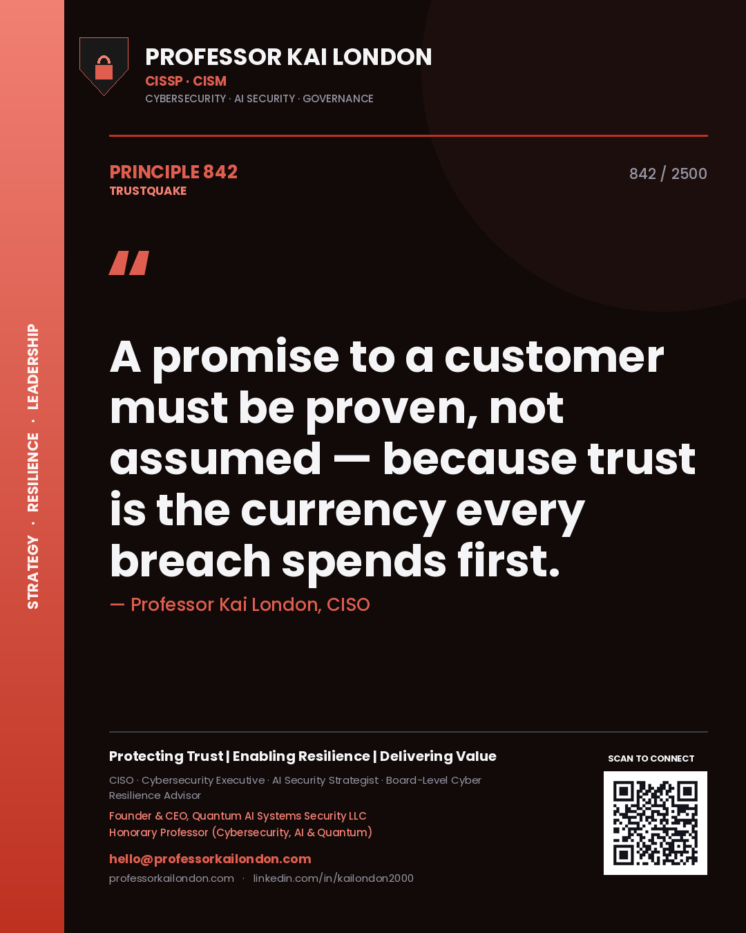Quote card by Professor Kai London reading 'A promise to a customer must be proven, not assumed — because trust is the currency every breach spends first.'. From the book Trustquake.