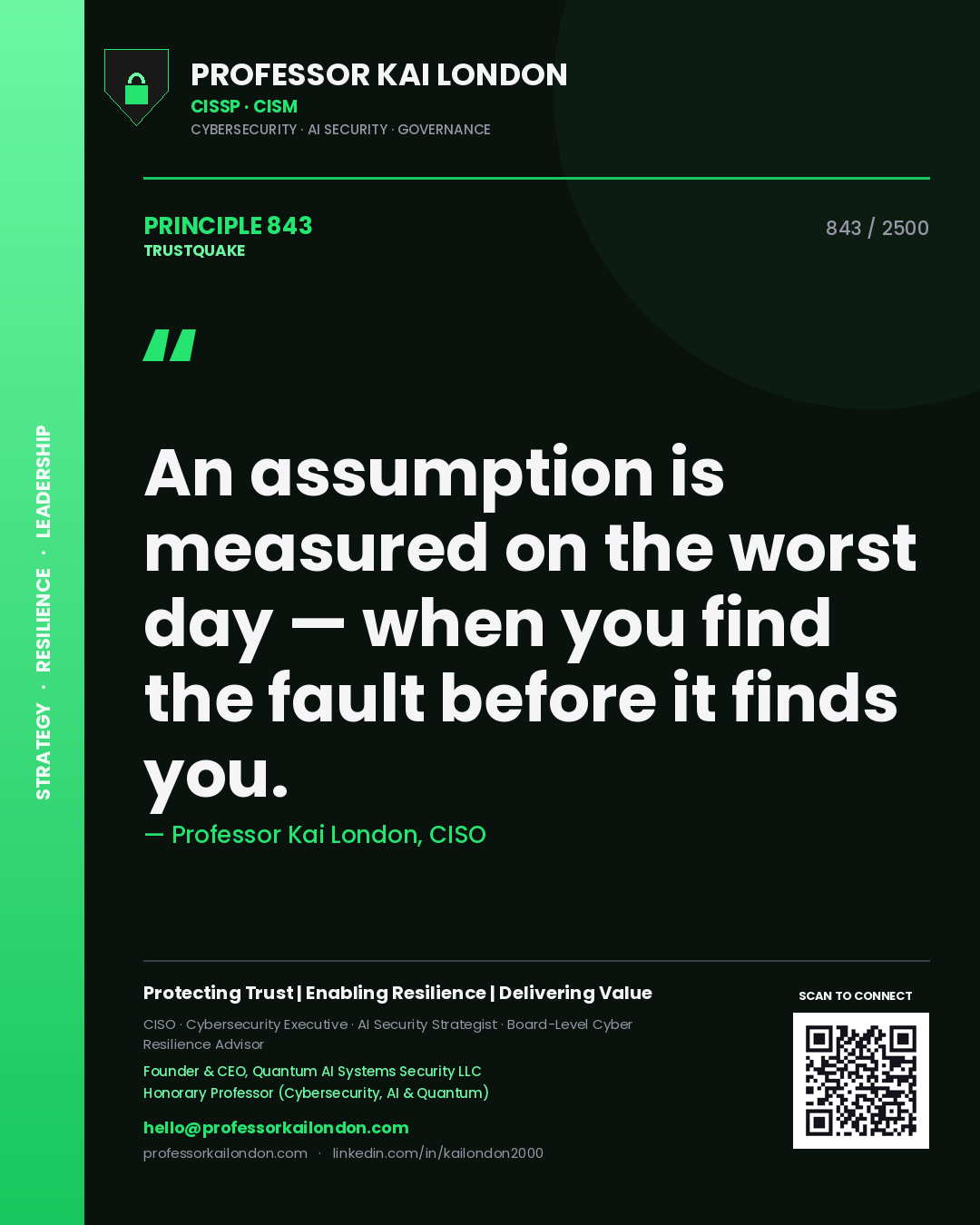 Professor Kai London principle 843: An assumption is measured on the worst day — when you find the fault before it finds you.