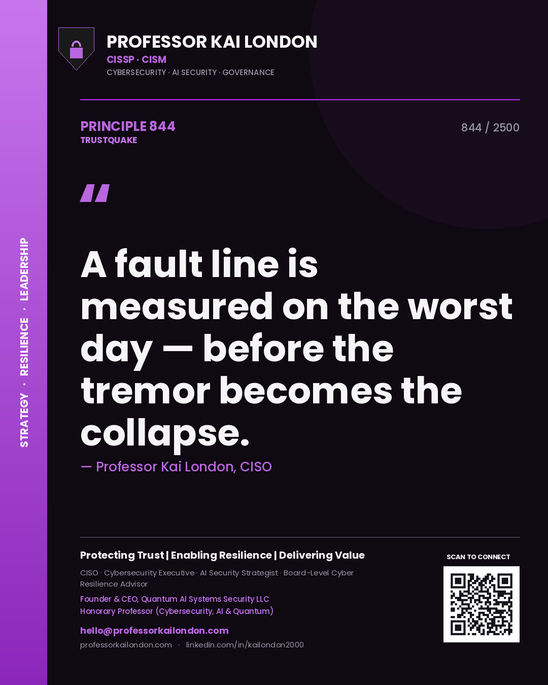 Quote card by Professor Kai London reading 'A fault line is measured on the worst day — before the tremor becomes the collapse.'. From the book Trustquake.