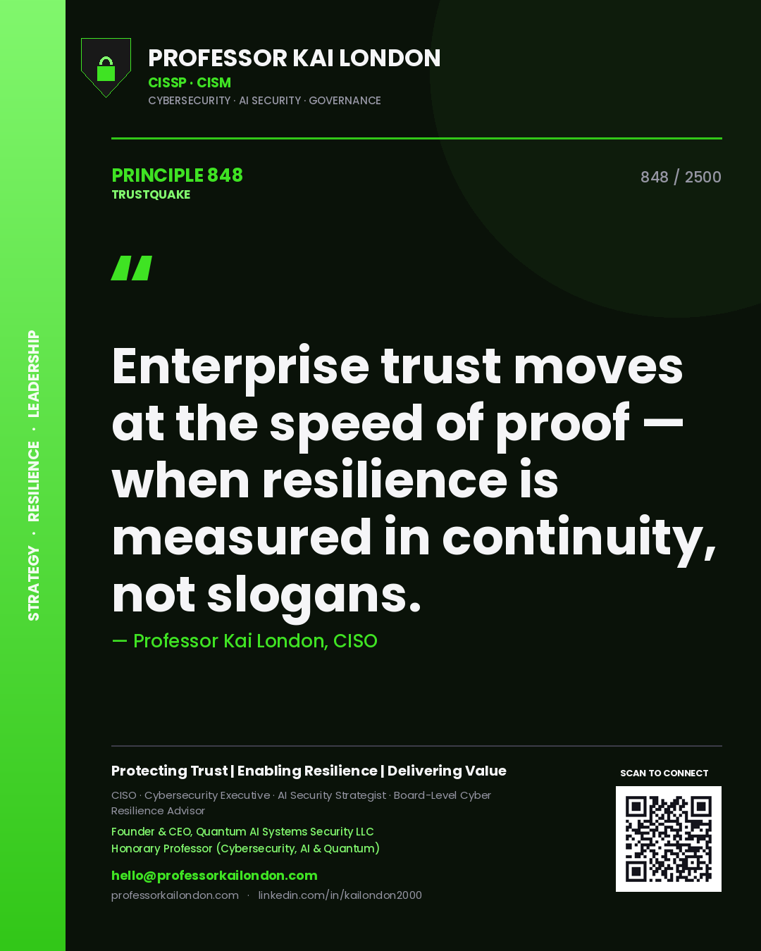 Quote card by Professor Kai London reading 'Enterprise trust moves at the speed of proof — when resilience is measured in continuity, not slogans.'. From the book Trustquake.