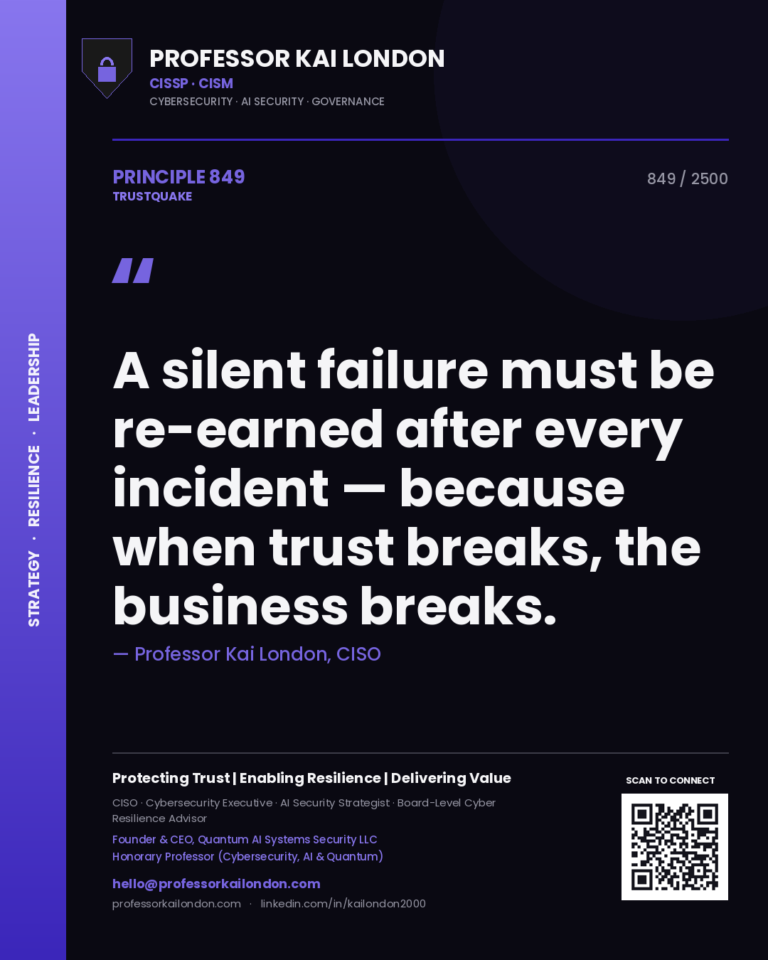 Quote card by Professor Kai London reading 'A silent failure must be re-earned after every incident — because when trust breaks, the business breaks.'. From the book Trustquake.