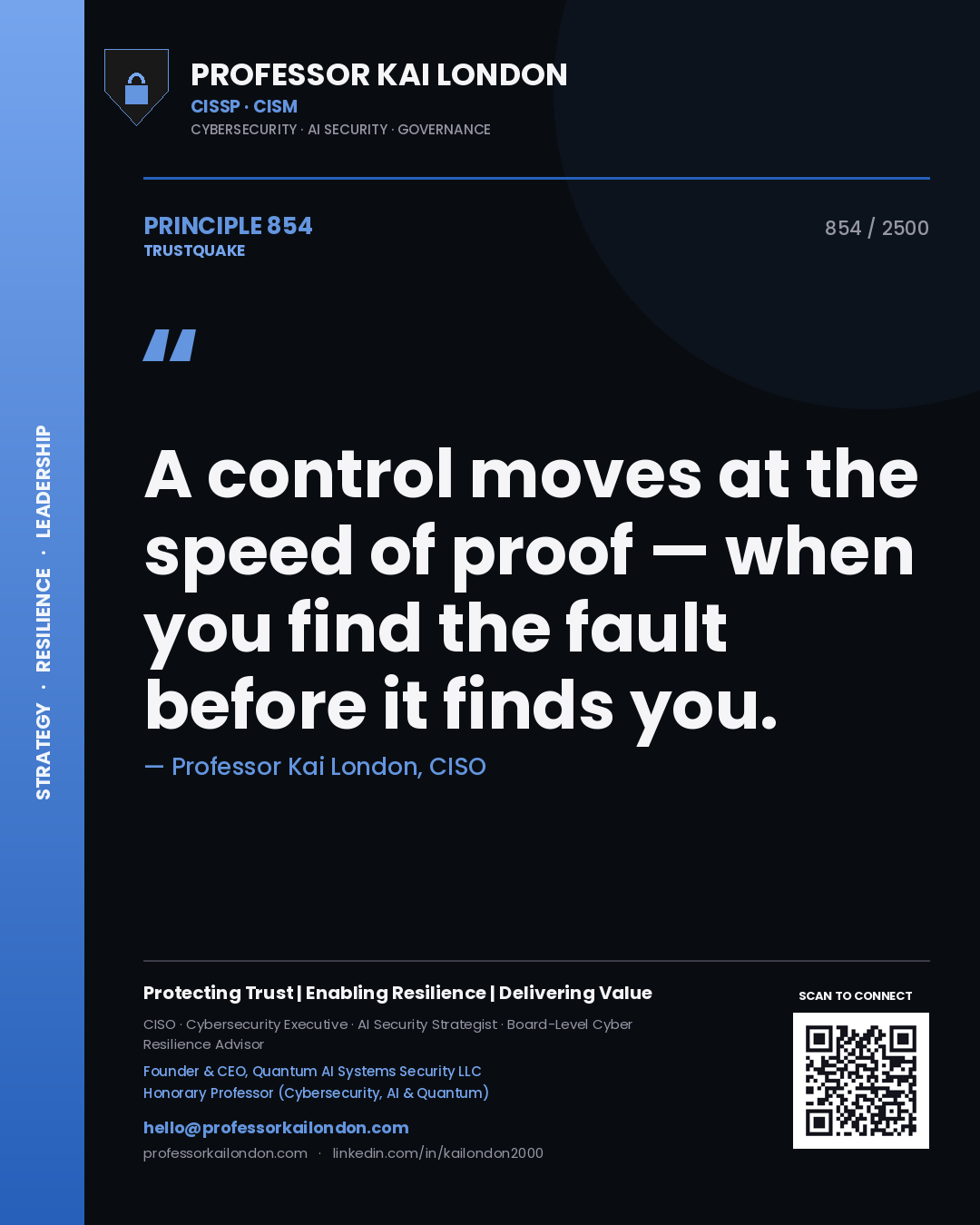 Quote card by Professor Kai London reading 'A control moves at the speed of proof — when you find the fault before it finds you.'. From the book Trustquake.
