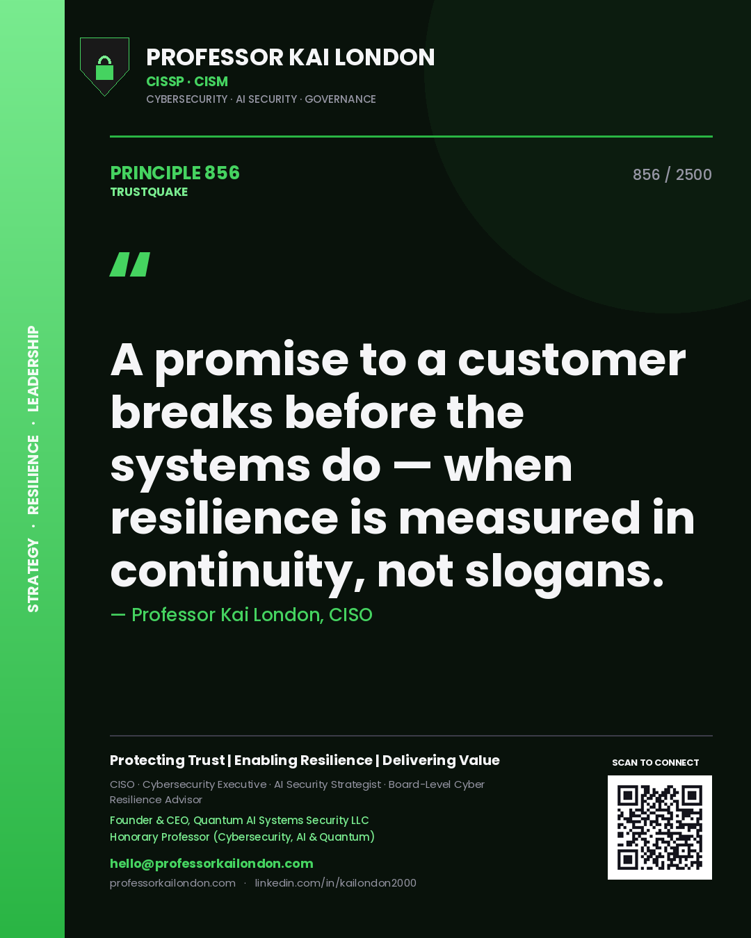 Quote card by Professor Kai London reading 'A promise to a customer breaks before the systems do — when resilience is measured in continuity, not slogans.'. From the book Trustquake.