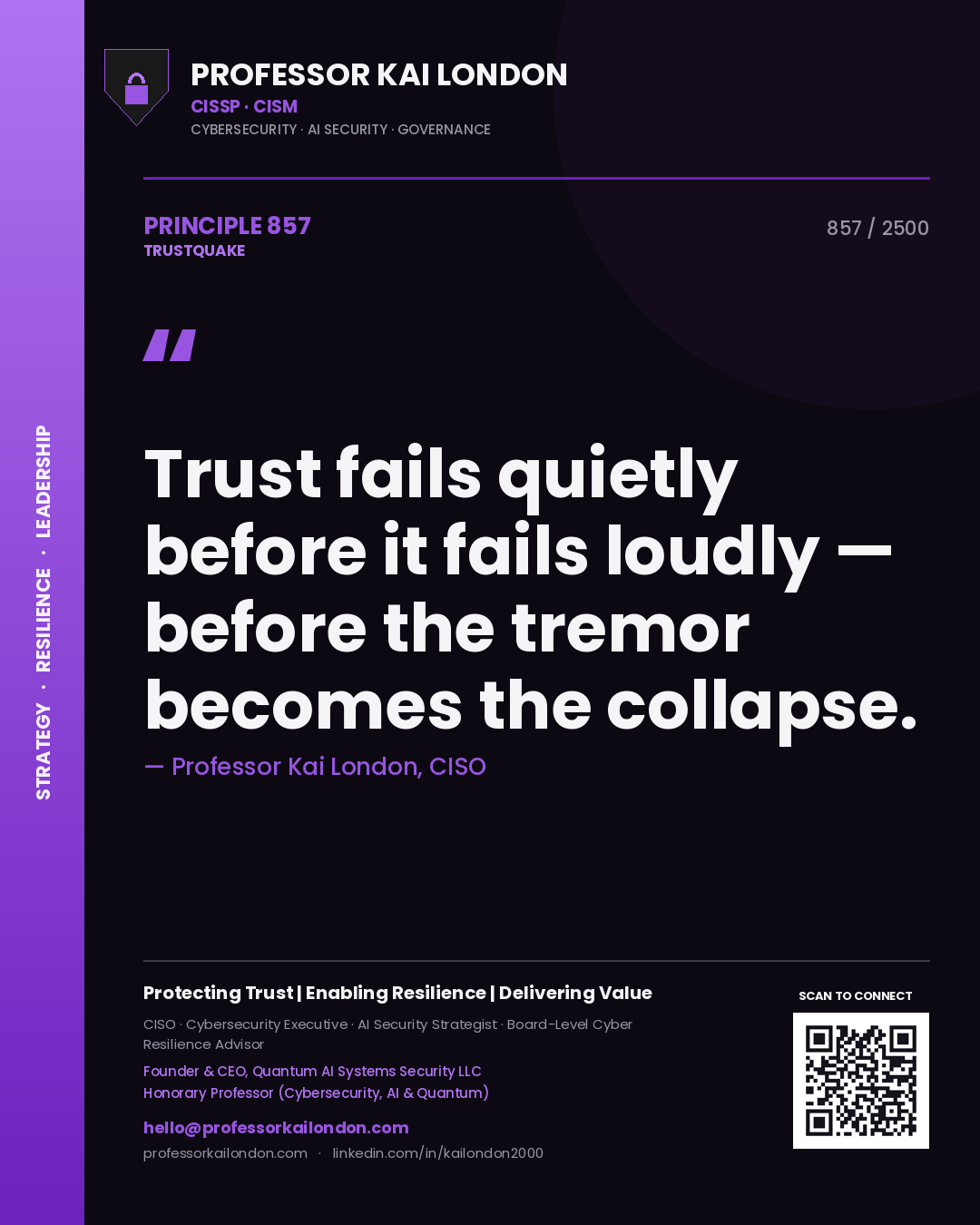 Quote card by Professor Kai London reading 'Trust fails quietly before it fails loudly — before the tremor becomes the collapse.'. From the book Trustquake.