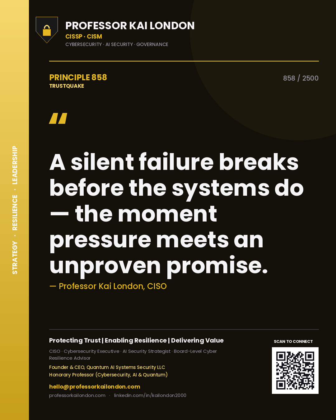 Quote card by Professor Kai London reading 'A silent failure breaks before the systems do — the moment pressure meets an unproven promise.'. From the book Trustquake.