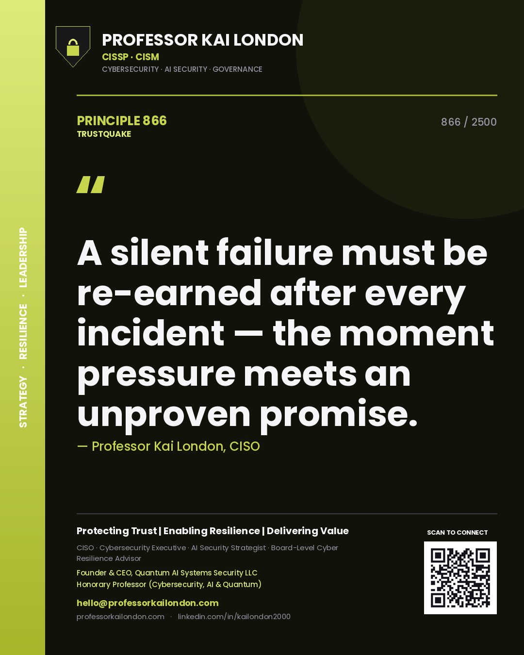Professor Kai London principle 866: A silent failure must be re-earned after every incident — the moment pressure meets an unproven promise.