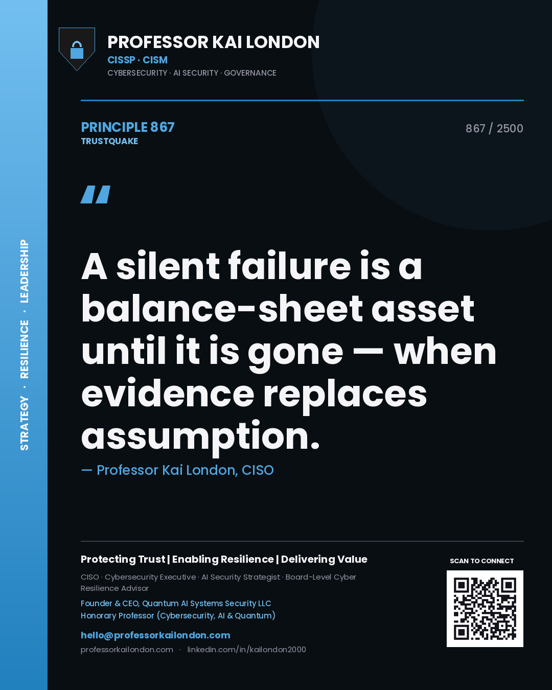Quote card by Professor Kai London reading 'A silent failure is a balance-sheet asset until it is gone — when evidence replaces assumption.'. From the book Trustquake.