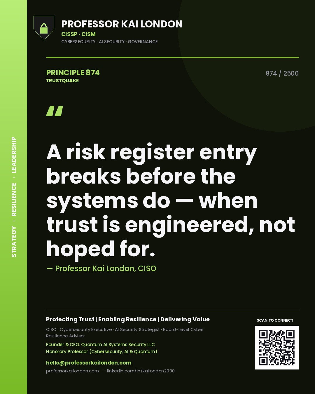 Professor Kai London principle 874: A risk register entry breaks before the systems do — when trust is engineered, not hoped for.