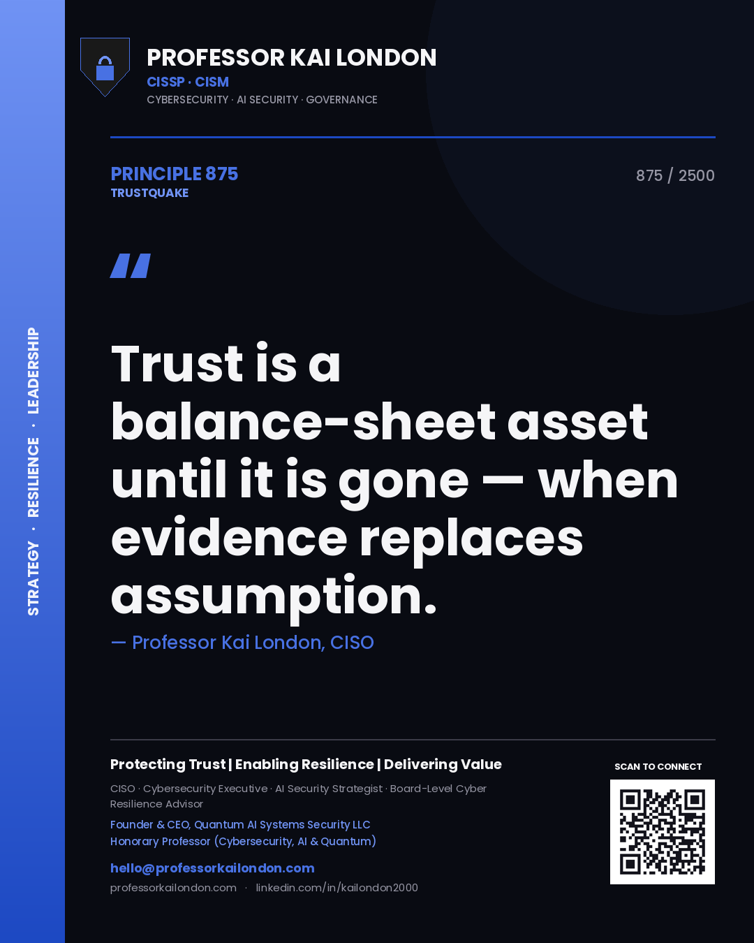 Quote card by Professor Kai London reading 'Trust is a balance-sheet asset until it is gone — when evidence replaces assumption.'. From the book Trustquake.
