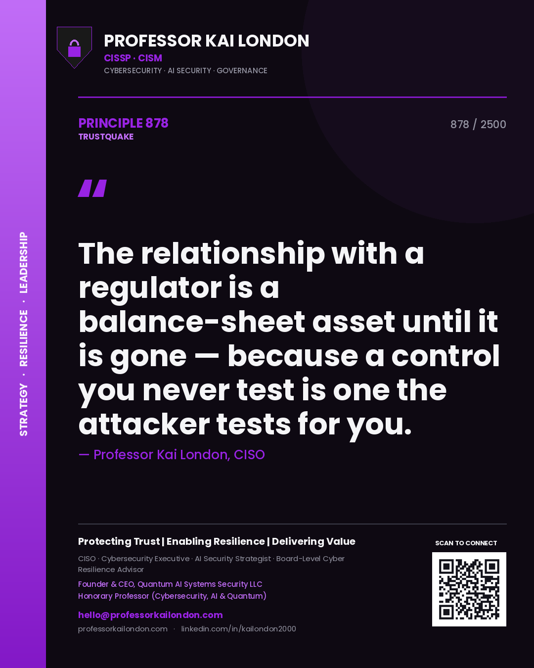 Professor Kai London principle 878: The relationship with a regulator is a balance-sheet asset until it is gone — because a control you never test is one the attacker tests for you.