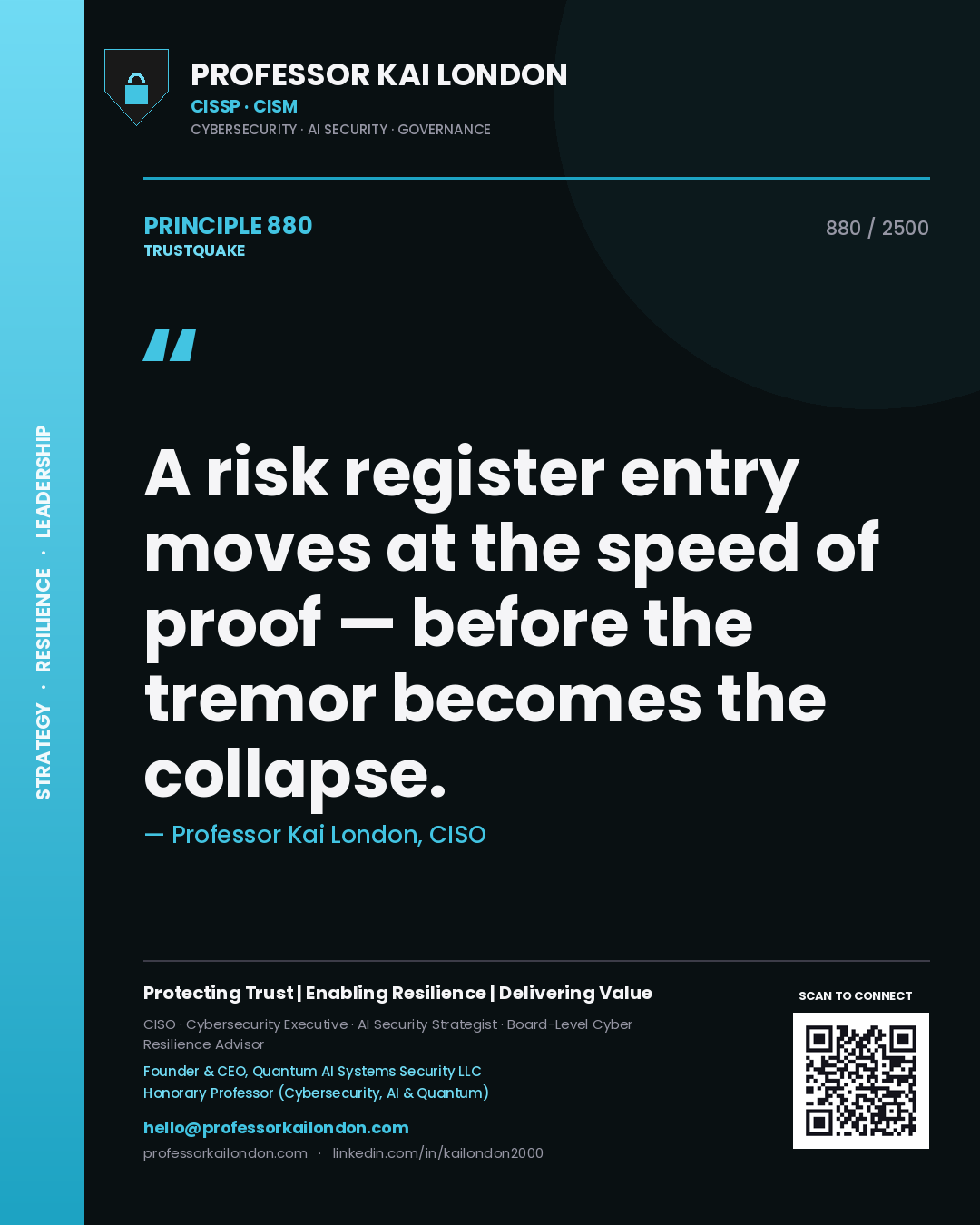 Quote card by Professor Kai London reading 'A risk register entry moves at the speed of proof — before the tremor becomes the collapse.'. From the book Trustquake.